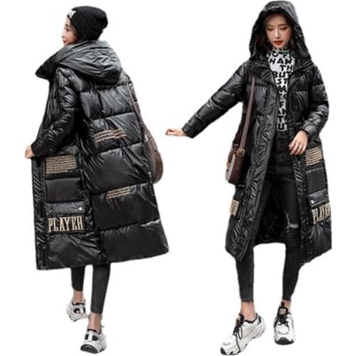 2021 Women Winter New Long Black Coat Large Size Glossy Printed Cotton Puffy Jacket Womens Hoodies Loose Thick Warm Parkas