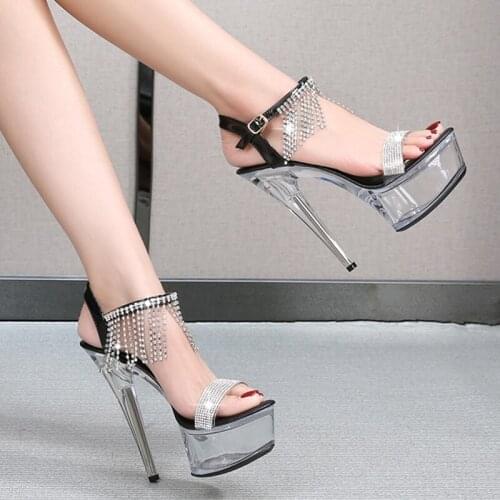 2021 Women Summer Stripper 13cm 15cm High Heels Sandals Sexy 4.5cm Platform Crystal Pumps Black Silver Fetish Party Prom Shoes
