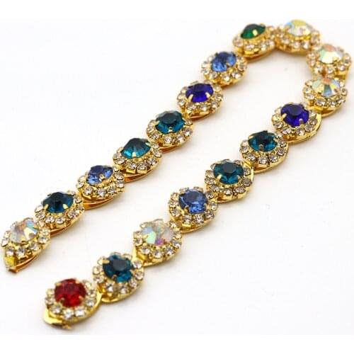 45cm length Mix Round Color Rhinestone Trim Crystal Gold Base Rhinestone Cup Chain For DIY Cloth Bags Decoration