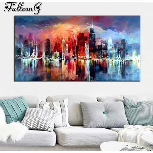 FULLCANG Abstract city buildings 5d diy diamond painting cross stitch full square round drill rhinestone embroidery kits FG0043