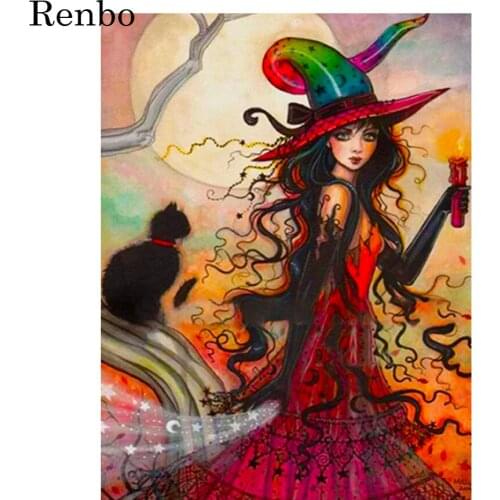 Diamond Embroidery Halloween Witch And Cat 5D Diamond Painting Full Square Drill Needlework Picture Of Rhinestones Decor Gift