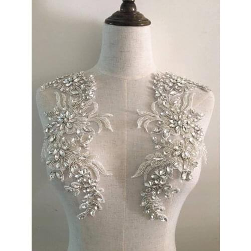 Rhinestone Crystal Beaded Iron on Bridal Applique Pair rhinestone applique for bridal sash headpieces