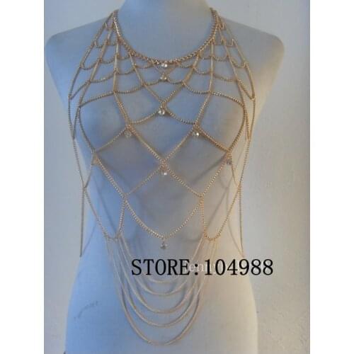 FREE SHIPPING New arrival STYLE BY-138 New Women Long Layer Gold Rhinestone Chain Pendant Jewelry Harness Body Chains