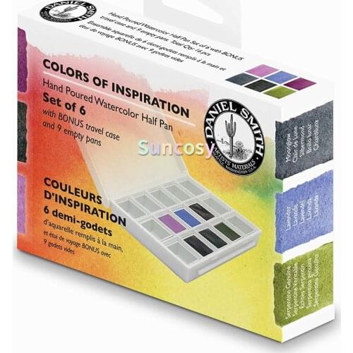 DANIEL SMITH Hand Poured Watercolor, Half Pans, Colors of Inspiration Set with 6 Watercolor Half Pans, 9 Empty Half Pans