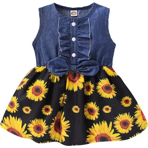 1-4Y Kids Baby Girl Floral Denim Dresses 2020 Toddler Girls Bowknot Sleeveless Party Tutu Dress Summer Casual Sundress Clothes