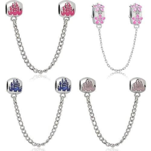 Enamel Anime Castle Safety Chain Bead Fit Original Pandora Charms for Bracelets DIY Pulsera Women Jewelry Beads Accessories Gift
