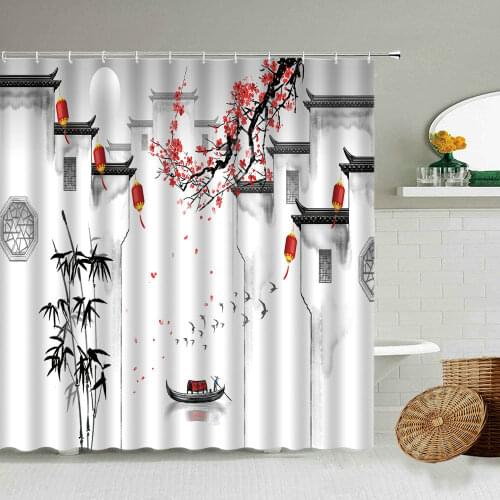 Chinese Ink Landscape Bamboo Plum Blossom Shower Curtain Set Classical Building Bathroom Decoration With Hook Waterproof Screen