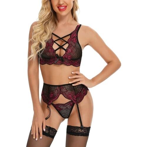Embroidery Lace Sexy Lingerie Set Transparent Porno Open Crotch Underwear Intimates Bra with Garter G-string Bandage Nightwear