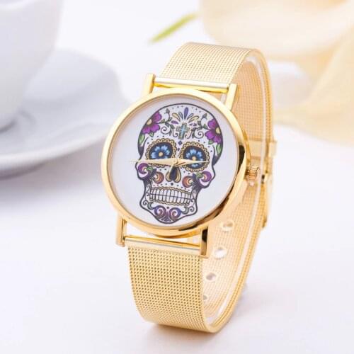 Fashion Golden Skull Womens Quartz Wristwatch Steel Strap Ladys Dress Watch Womens Bracelet Watch Relogio Feminino Reloj Mujer