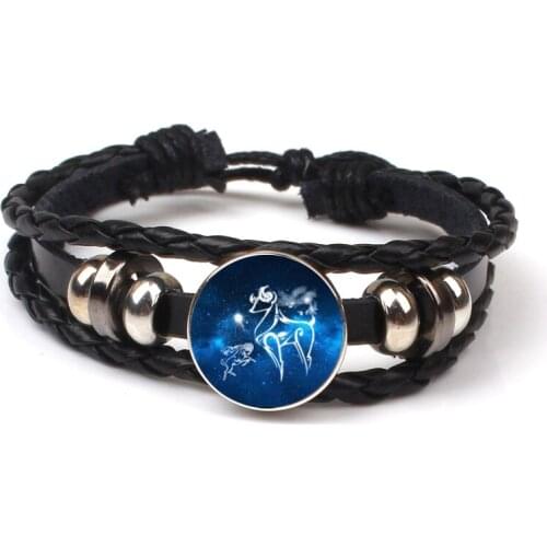 Fashion Vintage 12 Constellation Zodiac Sign Leather Bracelet Punk Glass Dome Bullet Buckle Bracelet Women Men Souvenir Gift Kid