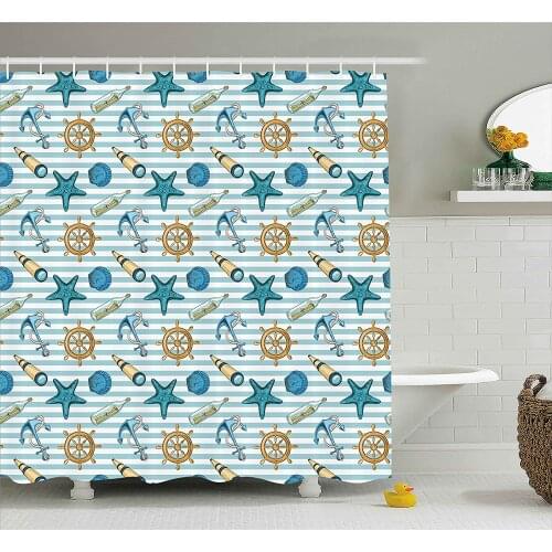 Nautical Decor Shower Curtain Marine Sea Striped with Anchor Wheel Starfish Seashell Figures Bathroom Waterproof Curtains