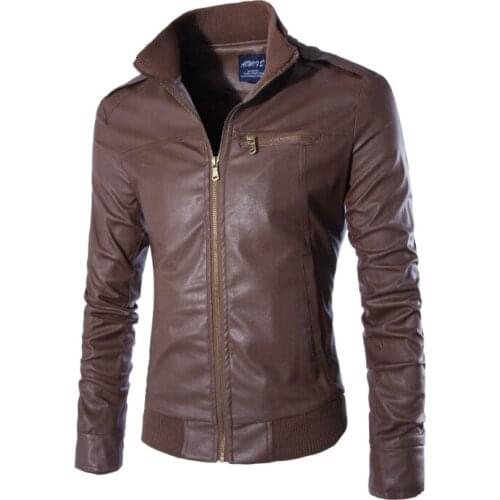 Mens Leather Jacket Europe and America Hot Sale Motorcycle Leather Jacket Men Slim Fit Zippers Bomber Jacket Male PU Coats Brown