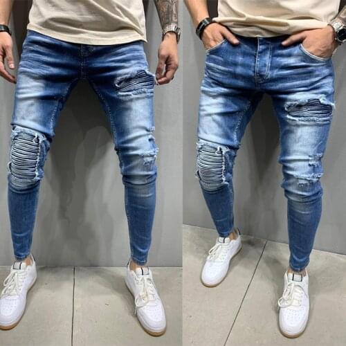Pleated Stretch Ripped Jeans Men Blue Pencil Pants Personality Hole Hip-Hop Street Jean Pants New Motorcycle Denim Trousers Male