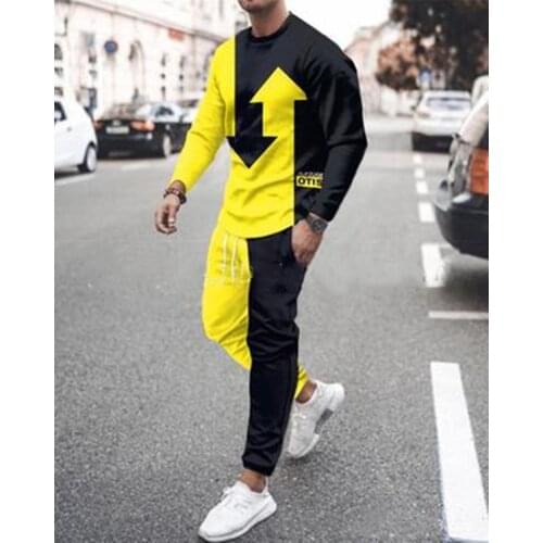 2021 New Spring and Autumn Mens Long-sleeved Sports Loose Two-piece Suit Fashion Casual Printed Sports Pants Trendy Tops Suit