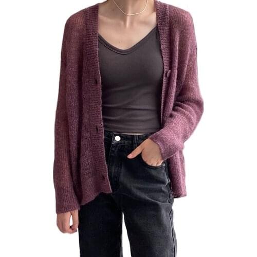 Slouchy Mohair Wool Cardigan Sweaters Women Knitted Cardigan Purple Brown Olive