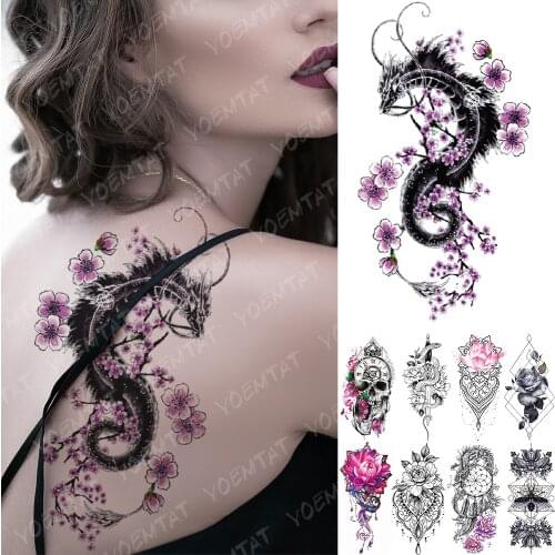 Waterproof Temporary Tattoo Sticker Pink Lotus Rose Lace Flowers Flash Tattoos Snake Dragon Body Art Arm Fake Tatoo Women Men