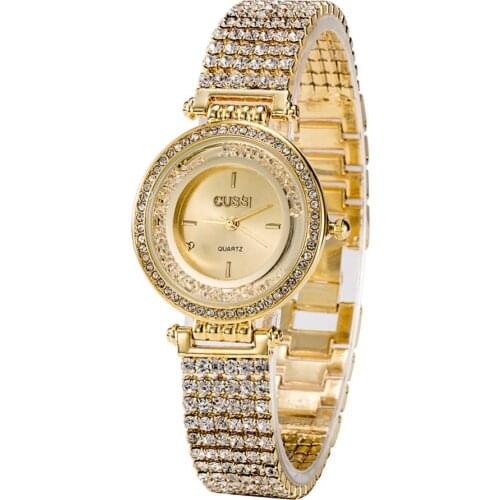 WA224 CUSSI Womens Watches Gold Luxury Ladies Bracelet Watch Quartz Wristwatch Dress Shiny Rhinestone Strap reloj mujer