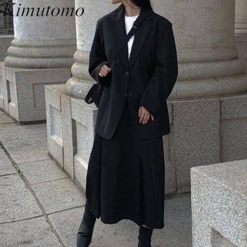 Kimutomo Women Sets 2021 Spring Autumn Korea Elegant Ladies Lapel Two Button Loose Jacket High Waist Pleated Skirt Two-Piece