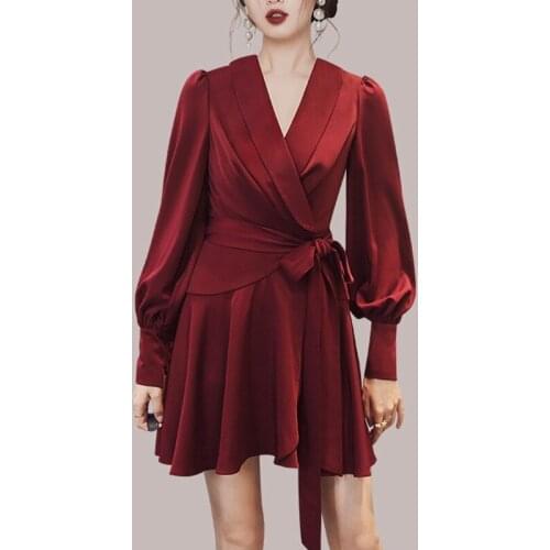 Seiwnibu Women Lantern Sleeve Mini Dresses Runway Spring Autumn Wine Red Tie Bowknot Sexy V Neck Dress Vintage Party Vestidos