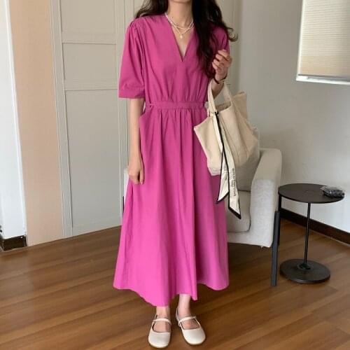 Lady V-neck Vintage Dress Rose Red Pocket Lace-up Waist Puff Sleeve Office Elegant Female Dresses Fashion 2021Summer Women Dress