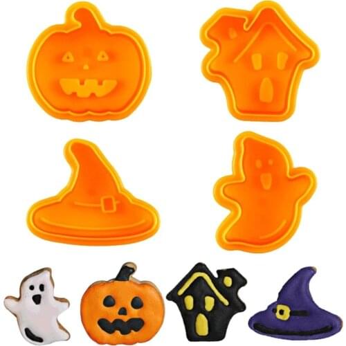 4pcs Halloween Pumpkin Ghost Theme Plastic Cookie Cutter Plunger Fondant Sugarcraft Chocolate Mold Cake Decorating Tools
