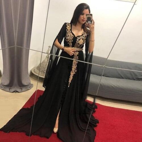 Eightale Arabic Evening Dresses Dubai Caftan Muslim Prom Gown karakou V-Neck Gold Applique Beaded Long Sleeve Kaftan Party Dress