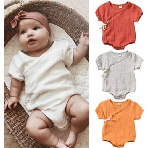 4Colors Cotton Linen Newborn Infant Baby Boy Girls Covered Button Bodysuit Fashion Summer Short Sleeve Jumpsuit Clothes Outfits