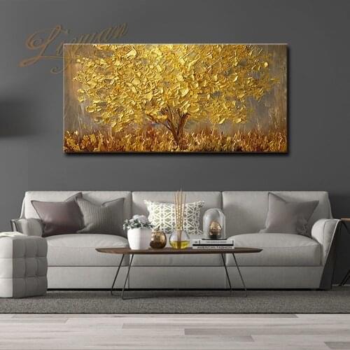 100% Handmade Large Modern Canvas Art Oil Painting Knife Golden Tree Paintings For Home Living Room Hotel Decor Wall Art Picture
