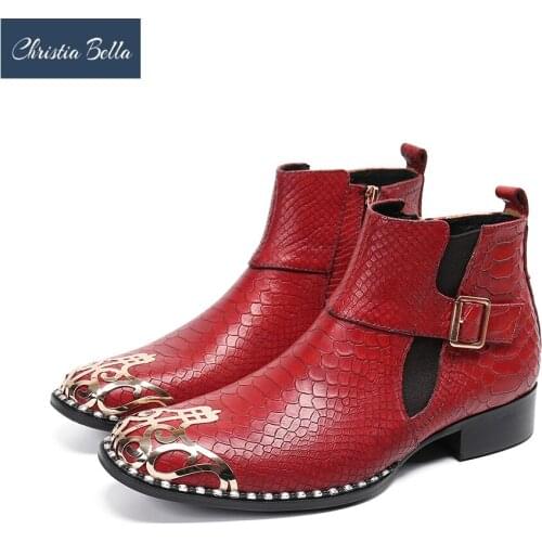 Christia Bella Fashion Wedding Party Men Ankle Boots Red Real Leather Chelsea Boots Big Size Man Motorcycle Short Boots Footwear