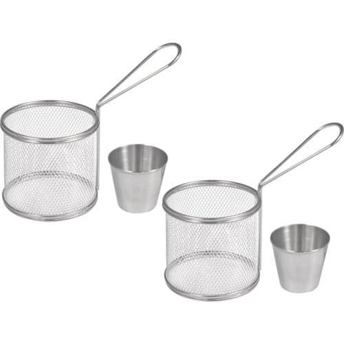 Fry Baskets, Mini Round Stainless Steel French Fries Mesh Fryer Basket Holder Cooking Tool with Sauce Cup