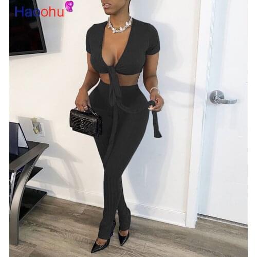 HAOOHU 2020 Women Sets Summer Tracksuits Knitted Tops+Pocket Pants Suit Two Piece Set Night Club Party Outfits Sportswear 2 pcs