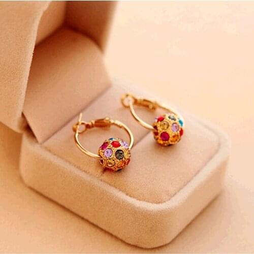 Colorful Fancy Crystal Ball Pendant Golden Piercing Loop Hoop Earrings for Women