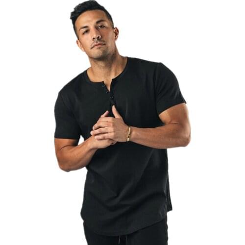 Summer gyms Workout Fitness T-shirt MenBodybuilding Slim Shirts printed Button V-neck short sleeves cotton Tee Tops clothing