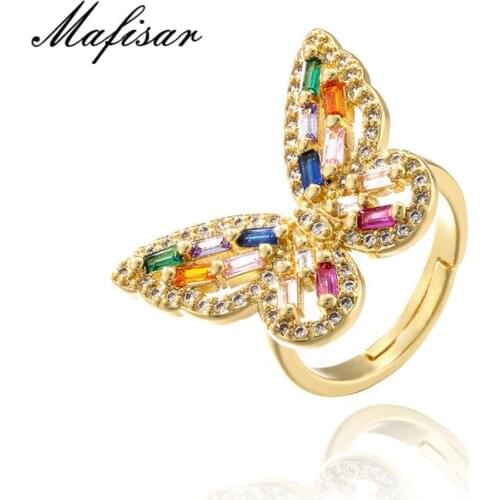 Mafisar Luxury Colourful Crystal CZ Women Wedding Ring Fashion Gold Color Cubic Zircon Butterfly Charm Ring Party Jewelry Gift