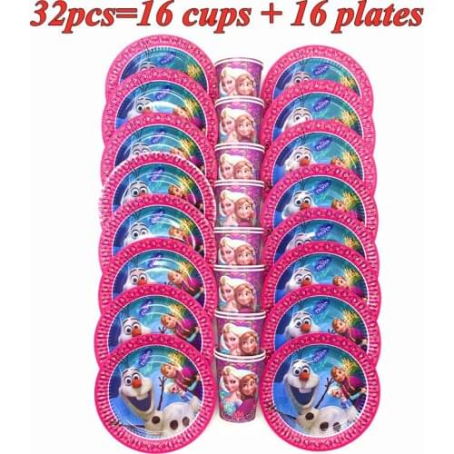16/32/48 pcs Purple Frozen Party Anna Elsa Themed Disposable Tableware Set Paper Plates Cups Children Birthday Party Decorations