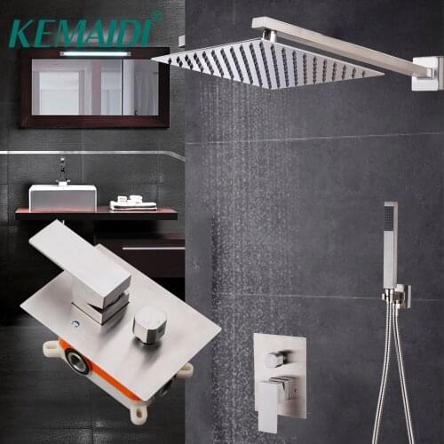 KEMAIDI 10 Inch Ultra-thin Shower Head Nickel Brushed Shower Faucet Set Wall Mounted Bathroom Rainfall Shower Mixer Kits Tap