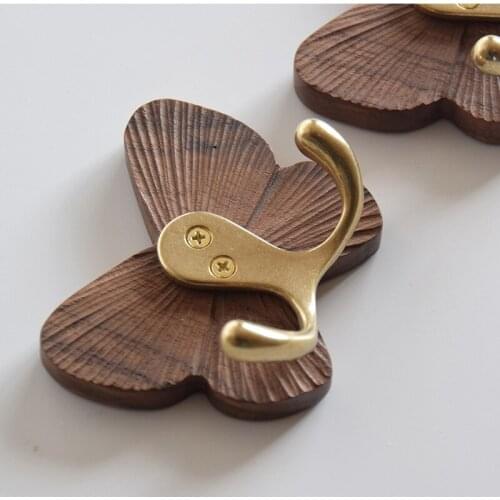 Butterfly Solid Wood Hook Wall Decor Creative Handmade Black Walnut Seamless Sticky Hook Room Decoration Accessories Brass Hook