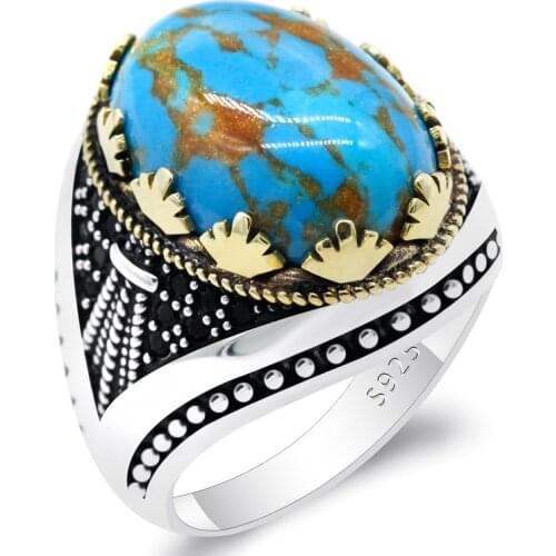 New Turkey 925 Sterling Silver Black Spinel Ring Mens Turquoise Ring Mens Hot Jewelry