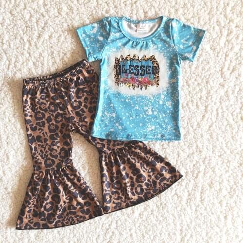 New Arrival Kids Fashion Clothing Set Girl Summer Fall Short Sleeve Shirt and Bells Toddler Printed Design Outfits WIth Leopard