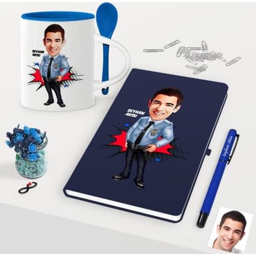 Personalized Mr Polis Caricature Of Navy Blue Notebook Pen Spoon Mug set-1