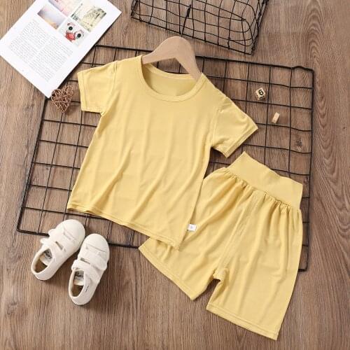 2021 Summer 100% Cotton Kids 2 Piece Set Pajamas Pure Yellow Girl High Waist Shorts Suit Boys Casual Home Wear Toddler Clothes