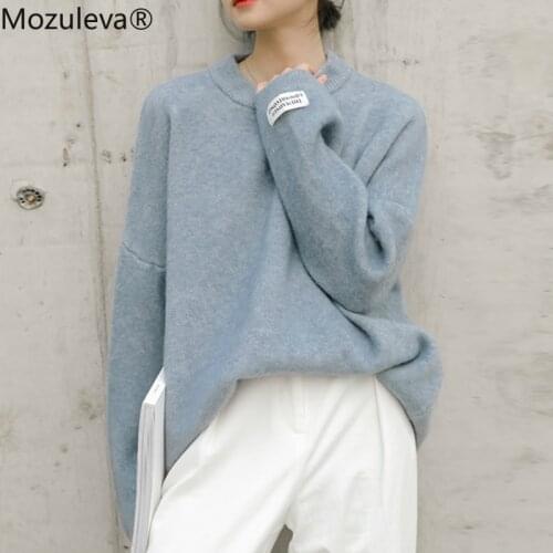 Mozuleva 2020 Autumn Winter Women Labeling Loose Pullovers Female Elegant O-Neck Long Sleeve Oversized Warm Sweaters 5 Colors