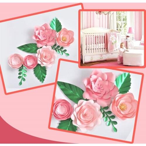 Pink Rose DIY Paper Flowers Leaves Set For Birthday Backdrops Decoration Baby Girl Nursery Wall Deco Floral Crafts Kids Room Art