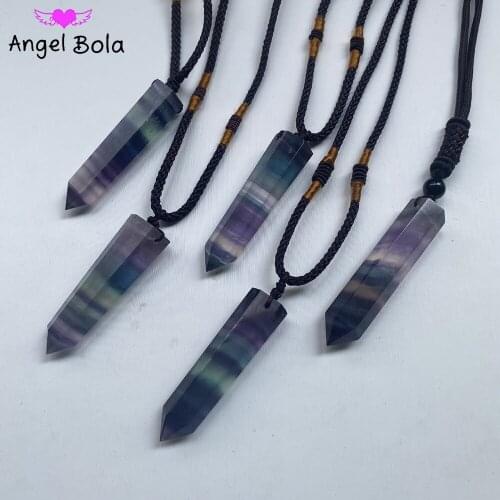 Hexagonal Column Necklace Natural Crystal Pendant Colorful Stone Hand-knitted Rope Necklace Men and Women Fashion Jewelry Amulet