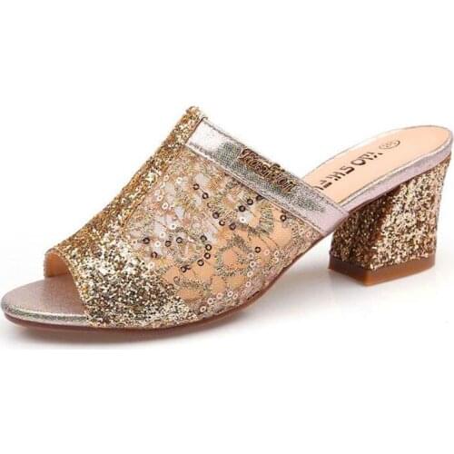 Big Slippers 34-41 Bling Sequins Mules High Heels Summer Peep Toe Fashion Elegant Party Shoes Non-slip Slides Womens Slippers