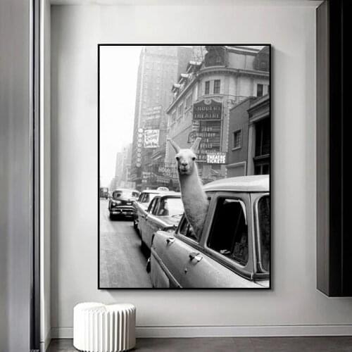 Vintage Canvas Paintings Animal Alpaca Elephant In City Posters and Prints Wall Art Pictures for Living Room Home Artwork Decor