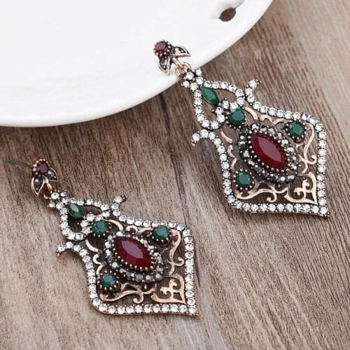 JOYME Vintage Bridal Wedding Earrings For Brides Long Crystal Earrings Dangle Acrylic Blue Red Indian Earring Brincos