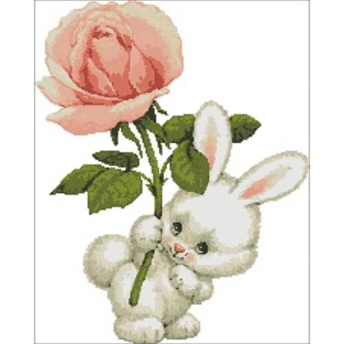 Bunny holding a rose patterns Cross Stitch 11CT 14CT 18CT DIY Chinese Cross Stitch Kits Embroidery Needlework Sets home decor