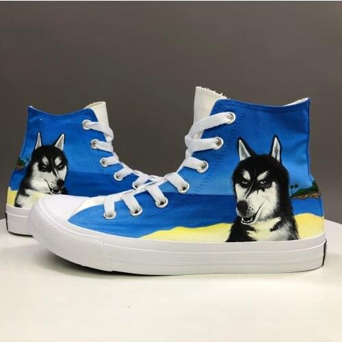 Wen Hand Painted Athletic Shoes Pet Dog Husky Beach Design High Top Custom Rubber Sneakers Man Womans Canvas Shoes Walking