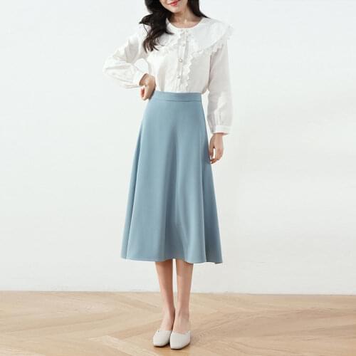 2021 Spring Summer Womens Korean Blue Black Long Skirts Women High Waist Pleated Skirt Office Lady Jupe Femme Faldas Saia Y398
